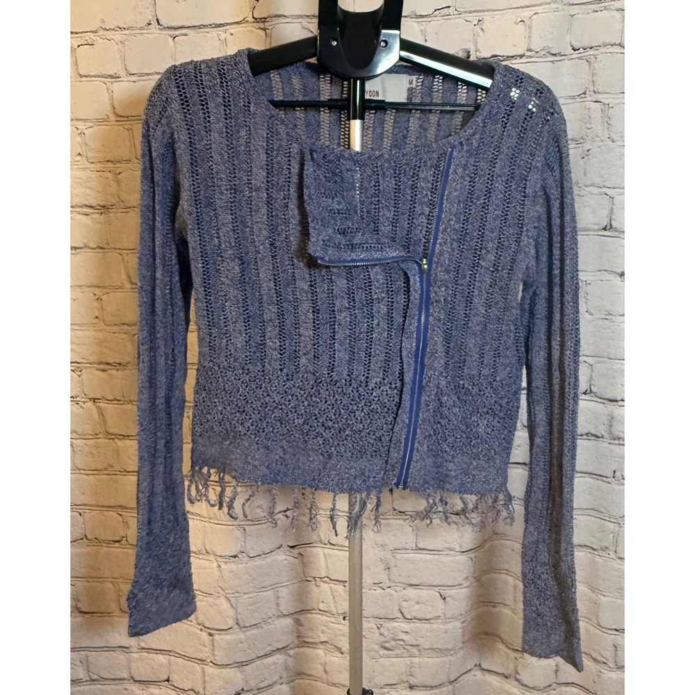 Yoon Blue Linen Blend Asymmetrical Zip Moto Knit Sweater Frayed Hem Medium
